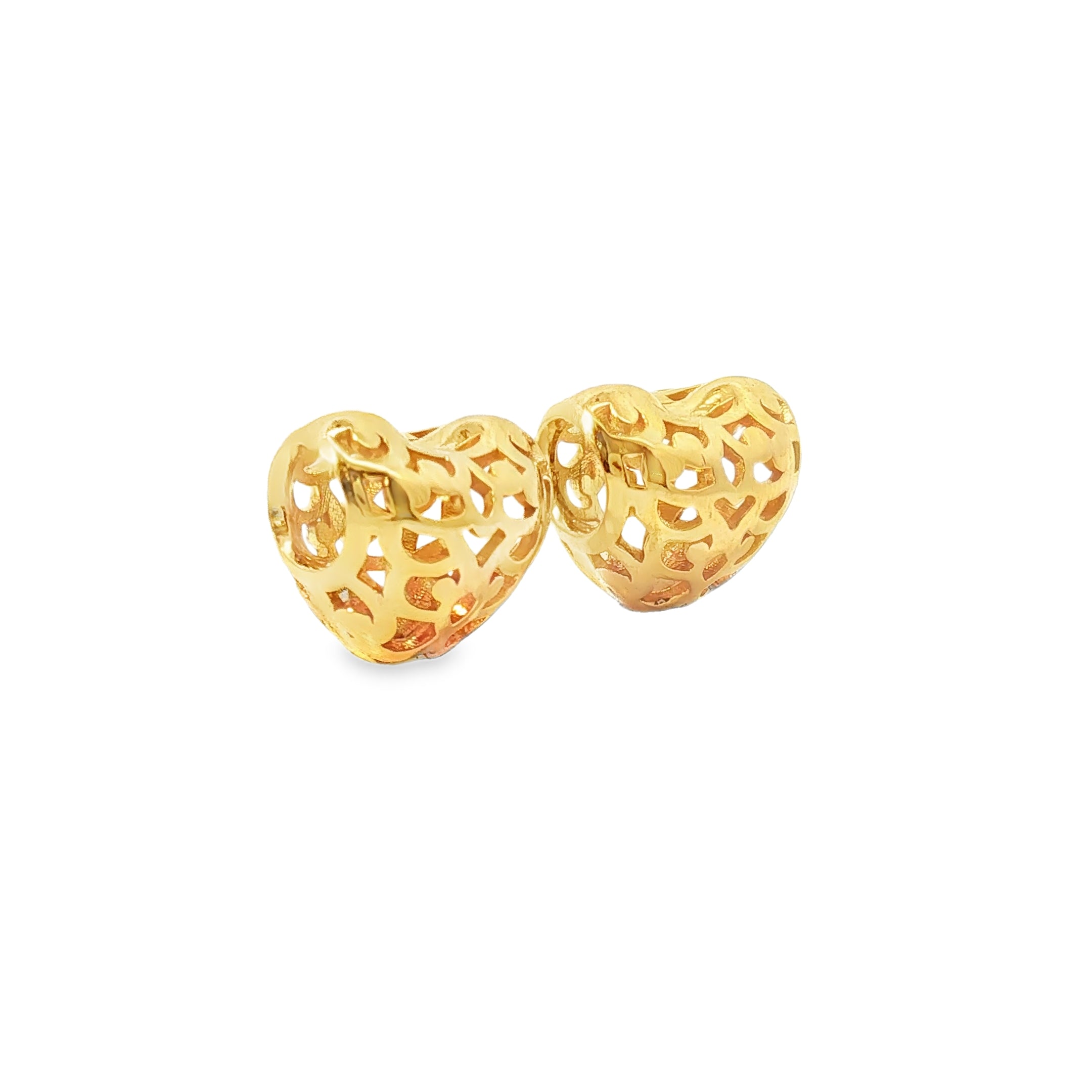 Yellow Gold Openwork Filigree Heart Stud Earrings